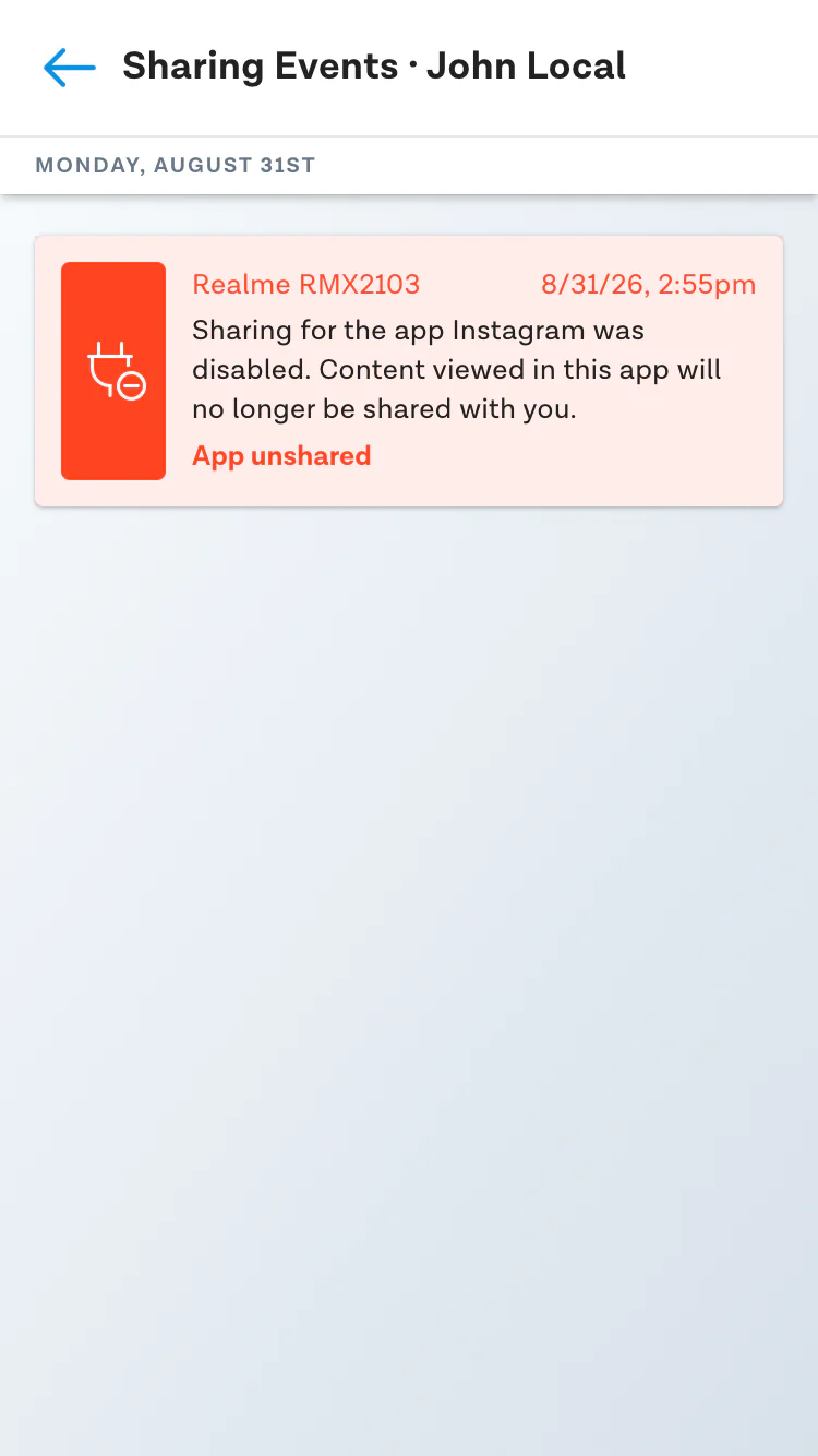 Sharing event detail: "Sharing for the app Instagram was disabled. Content viewed in this app will no longer be shared with you." marked App unshared
